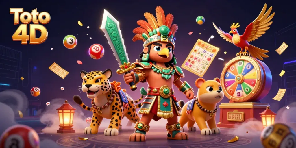 Toto 4D dengan bola lotere berwarna-warni dan pejuang Aztec yang berani.