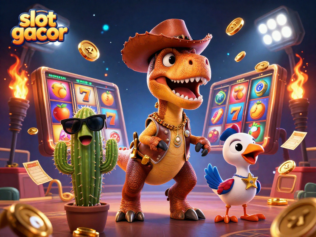 Engage in slot gacor excitement with a T-Rex cowboy and dynamic slot game elements.