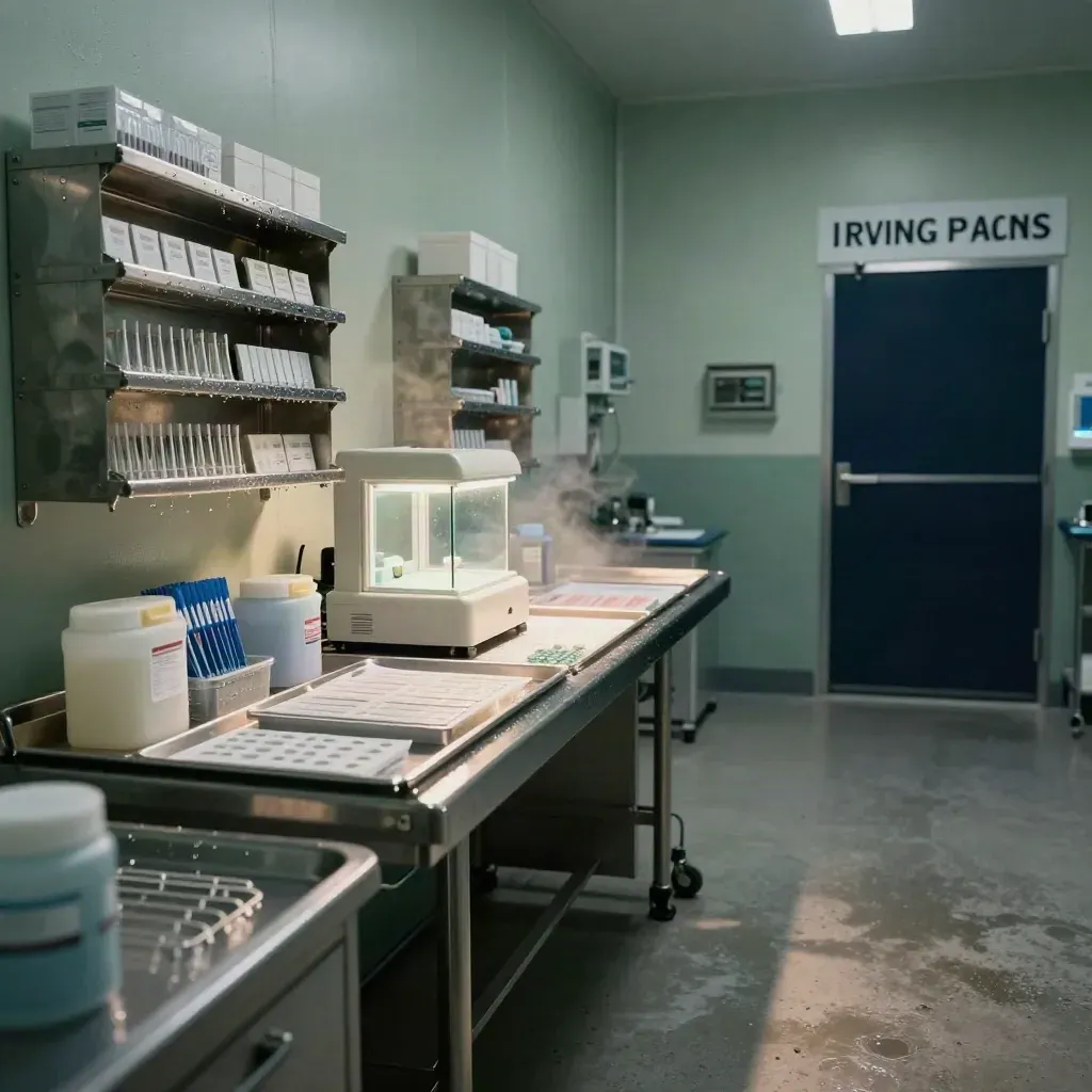 Equine lab bay with stainless sample racks, semen analysis chamber and chilled canisters in rainy dawn haze.