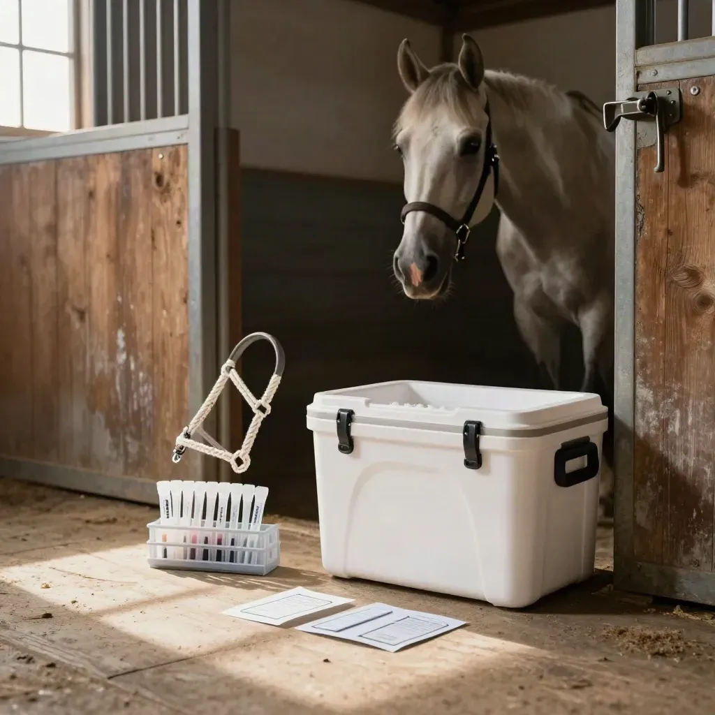Braided foal halter, DNA swab tubes, and transport cooler staged at a barn stall door.