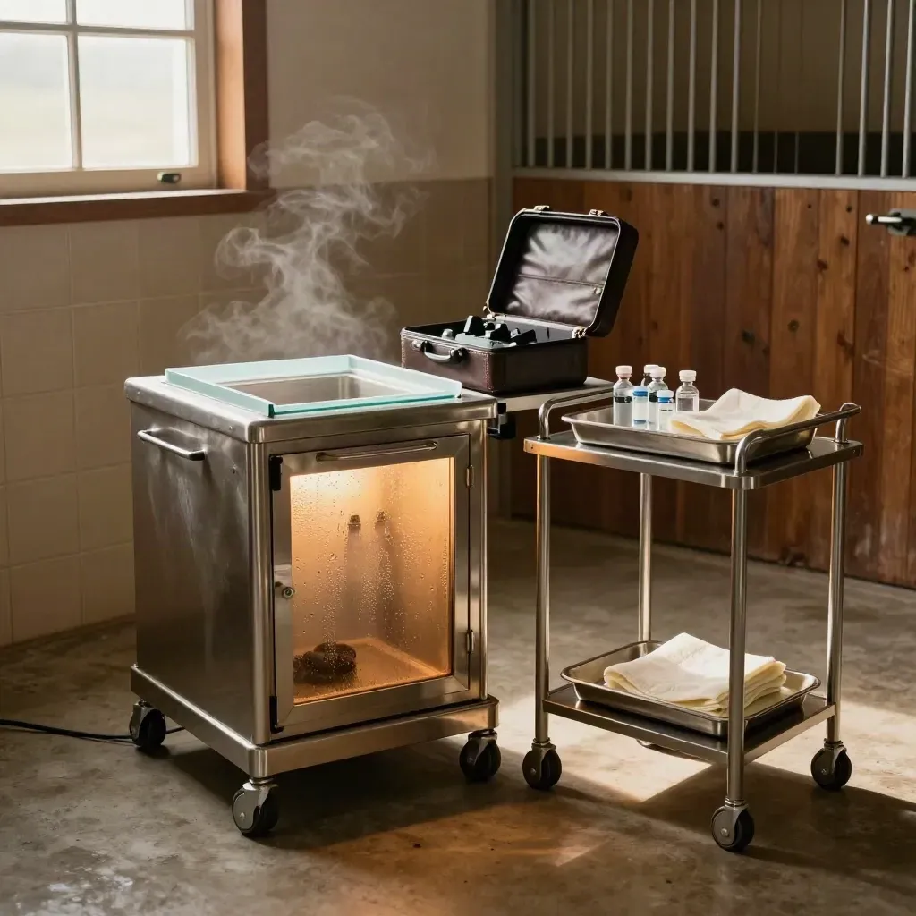 Equine breeding exam bay with warmed semen chamber, slide tray, probe case and stainless cart