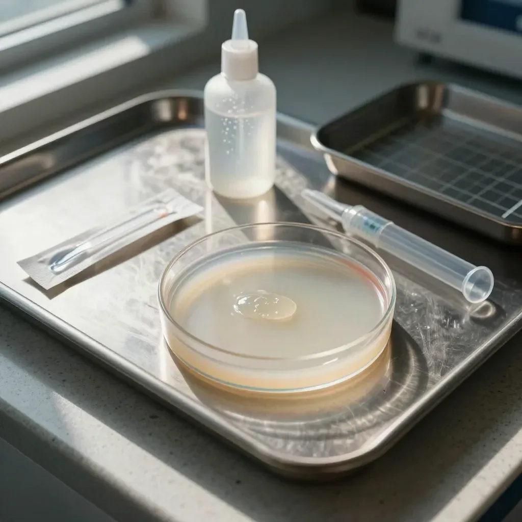 Macro of reproductive diagnostics tools on travertine: culture plate, swab pack, gel bottle, probe sleeve.