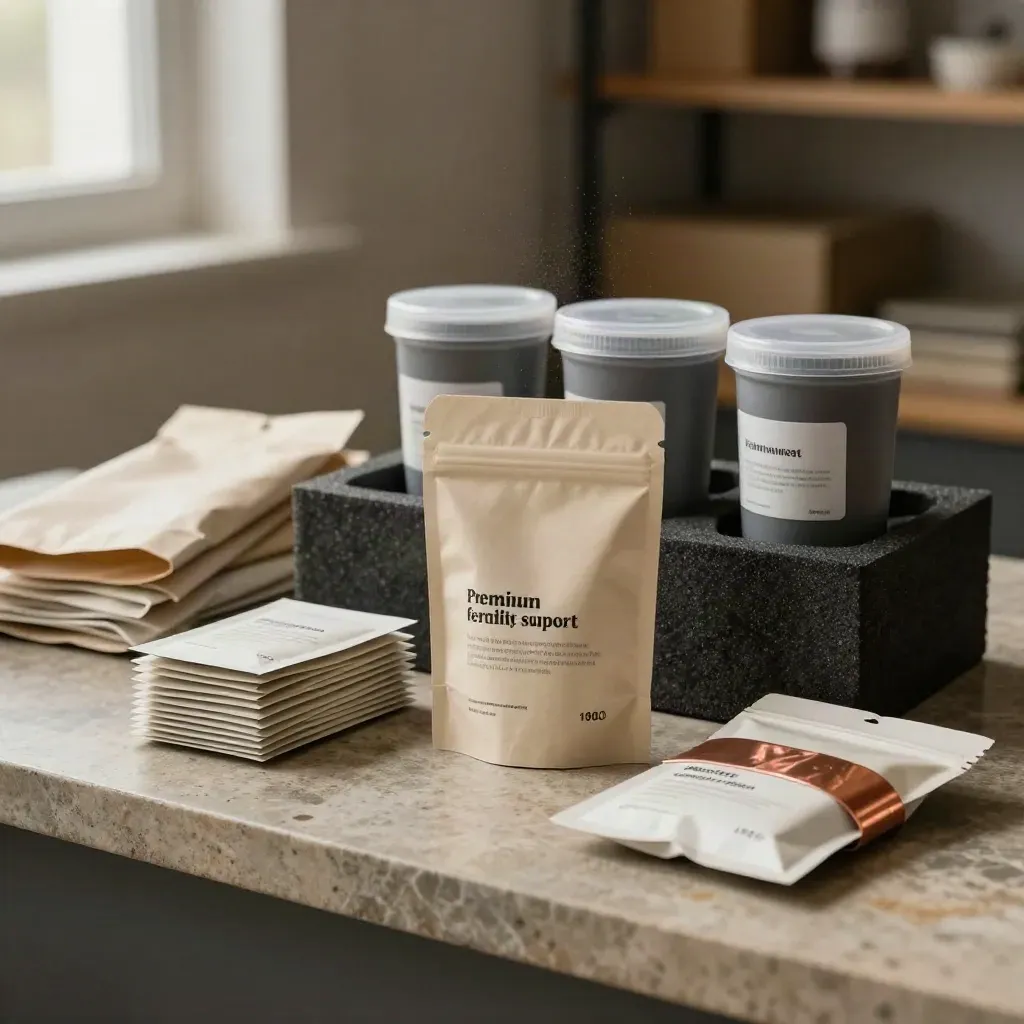 Fertility support packs staged on a stone counter for same-day dispatch