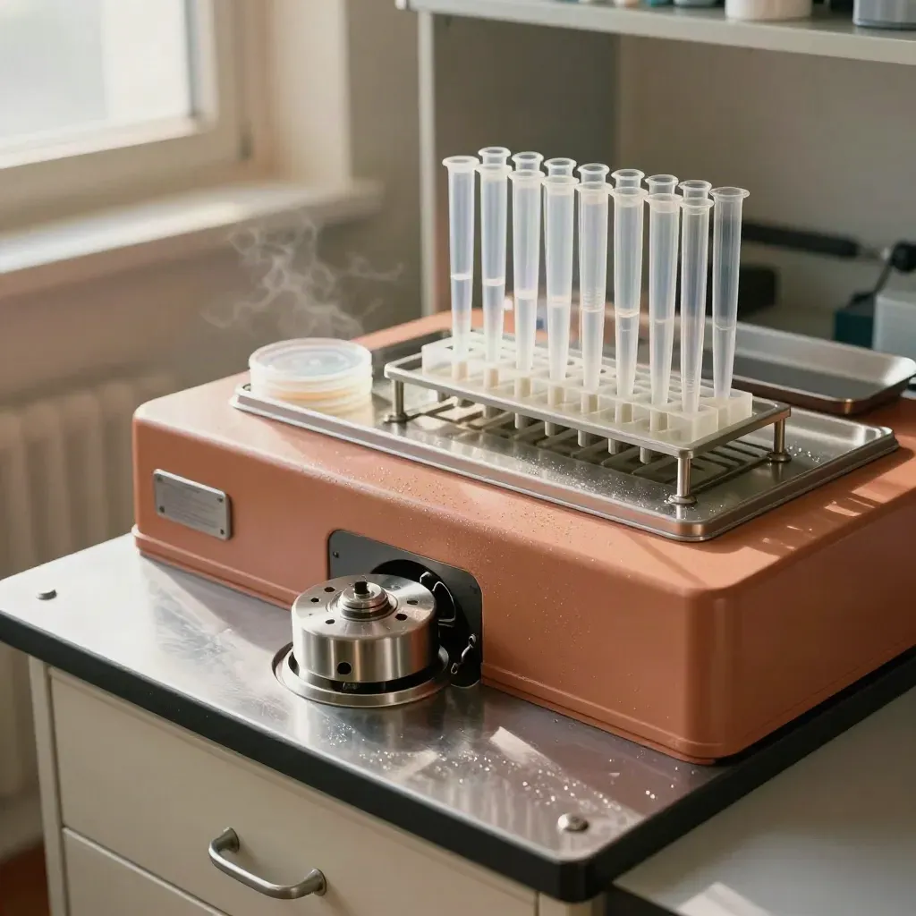 Centrifuge rotor, clear tubes, culture plates and chilled rack in a warm vet lab