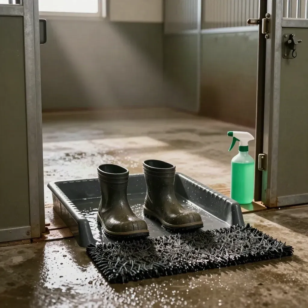 Biosecurity barn entry with boot wash tray, scrub mat, sprayer, and quarantine latch