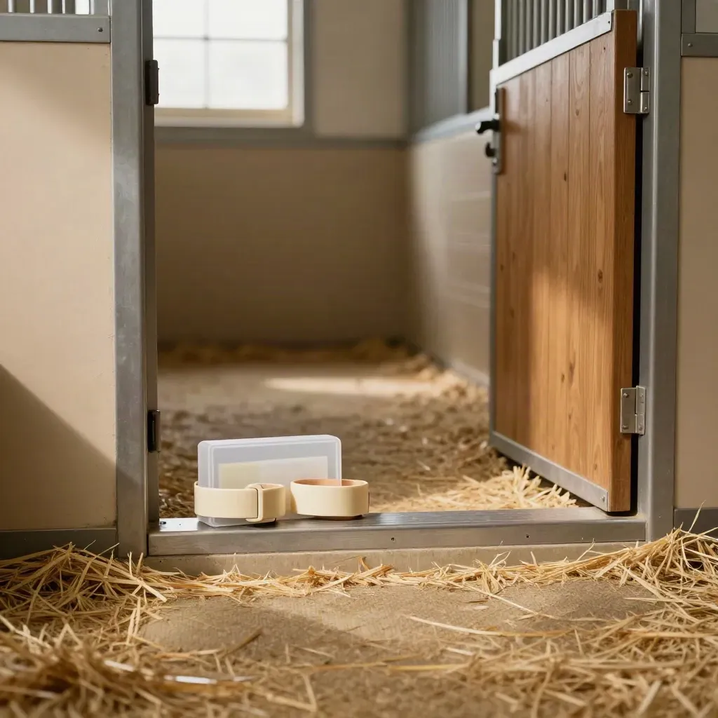 Spotless foaling stall threshold with ID bands, sealed sample kit, and secure latch in warm barn light.