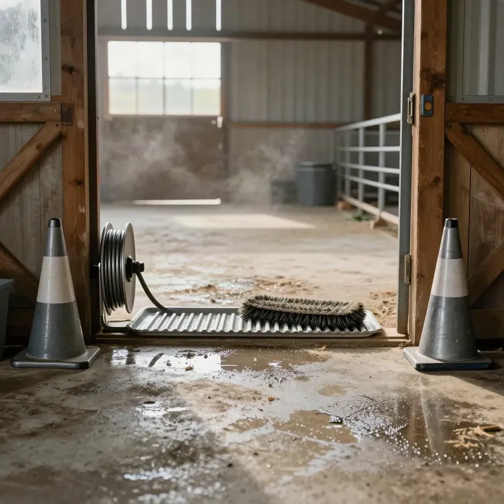 Clean barn entry with boot wash, scrub mat, hose reel, and quarantine cones