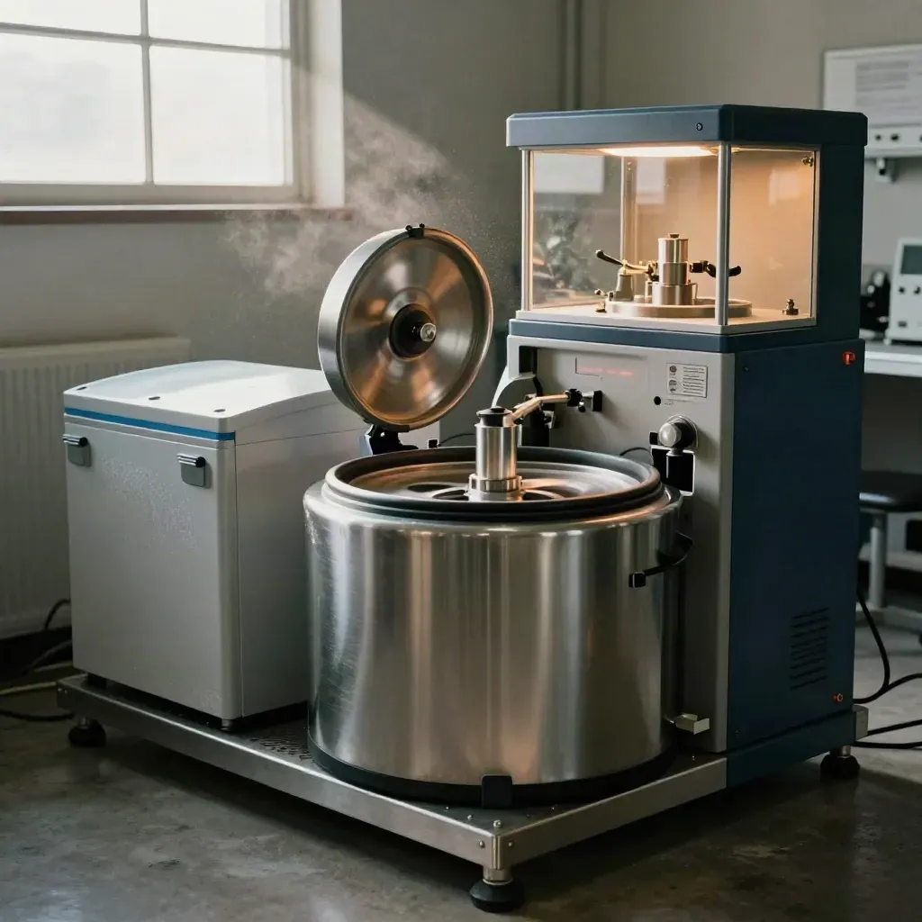 Spinning centrifuge, sample cooler and analysis chamber in a warm stallion lab bay.