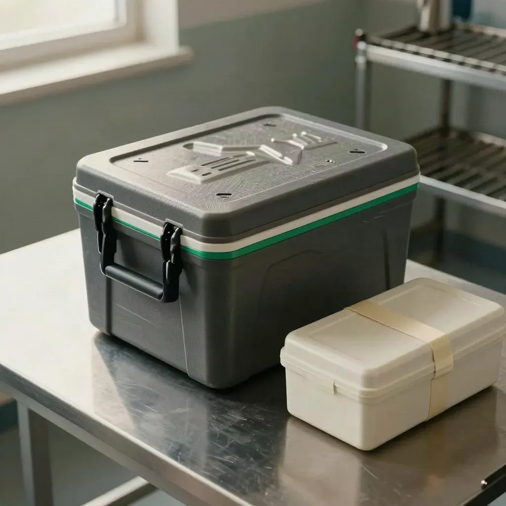 Top-down clinic bench with courier cooler, intake rack, and sealed transport box.