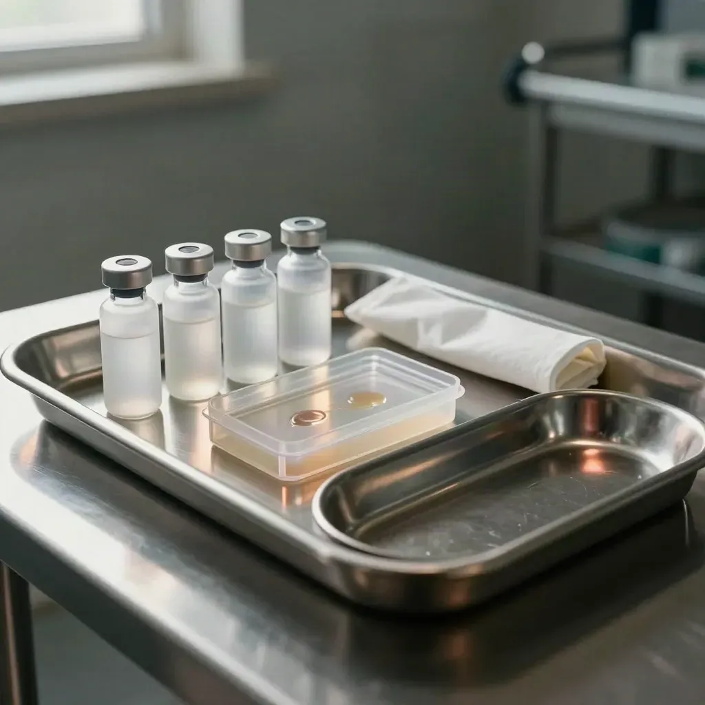 Sterile mare work-up tray with hormone vials, culture plate and probe sleeve on steel bench.