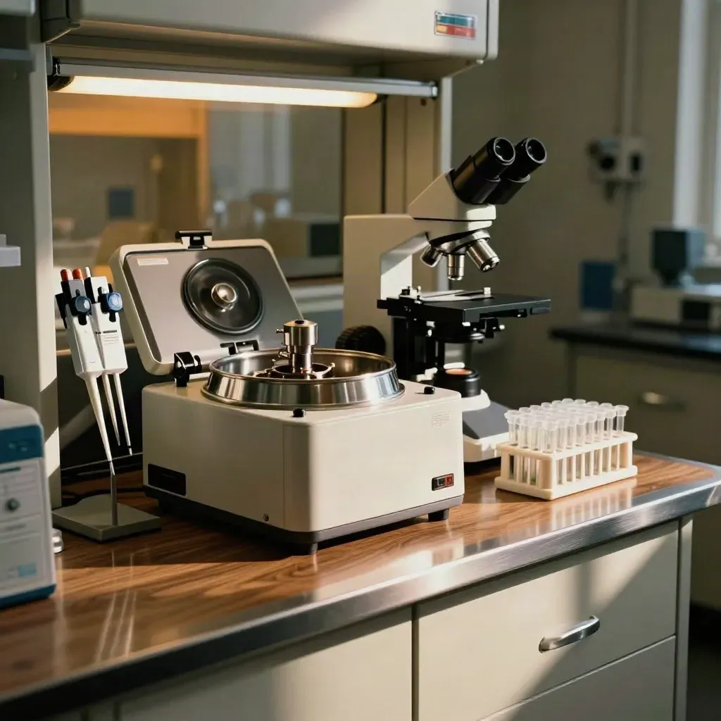 Lab tools staged in a dramatic biotech still life with centrifuge rotor and microscope turret.