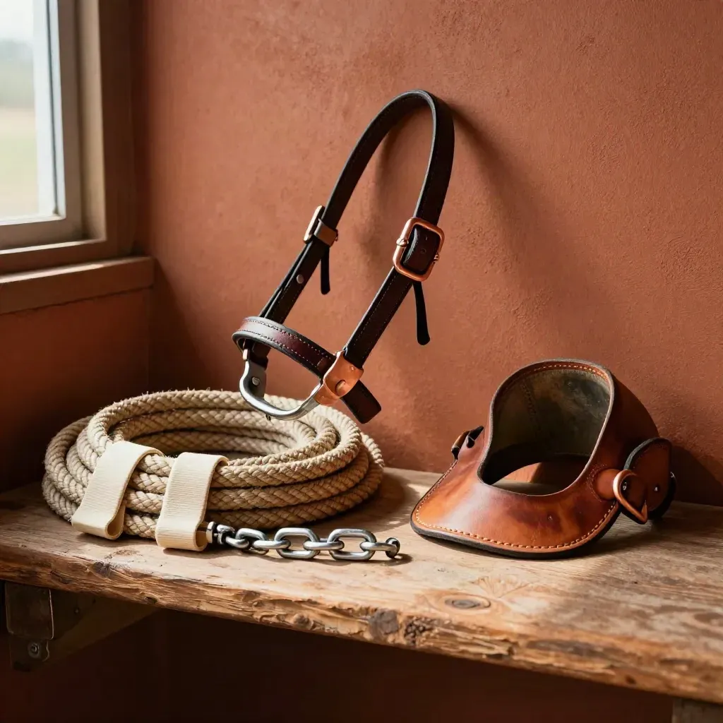 Top-down tack-room still life of halter hardware, lead rope, foal band and chain on a shelf