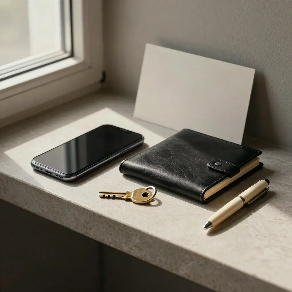 Top-down still life of a phone, leather notebook, brass key tag, and pen cap on stone.