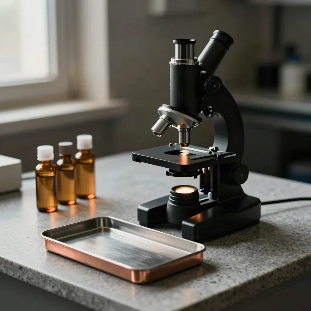 Microscope, slide tray, amber vials and bench lamp on a limestone lab surface