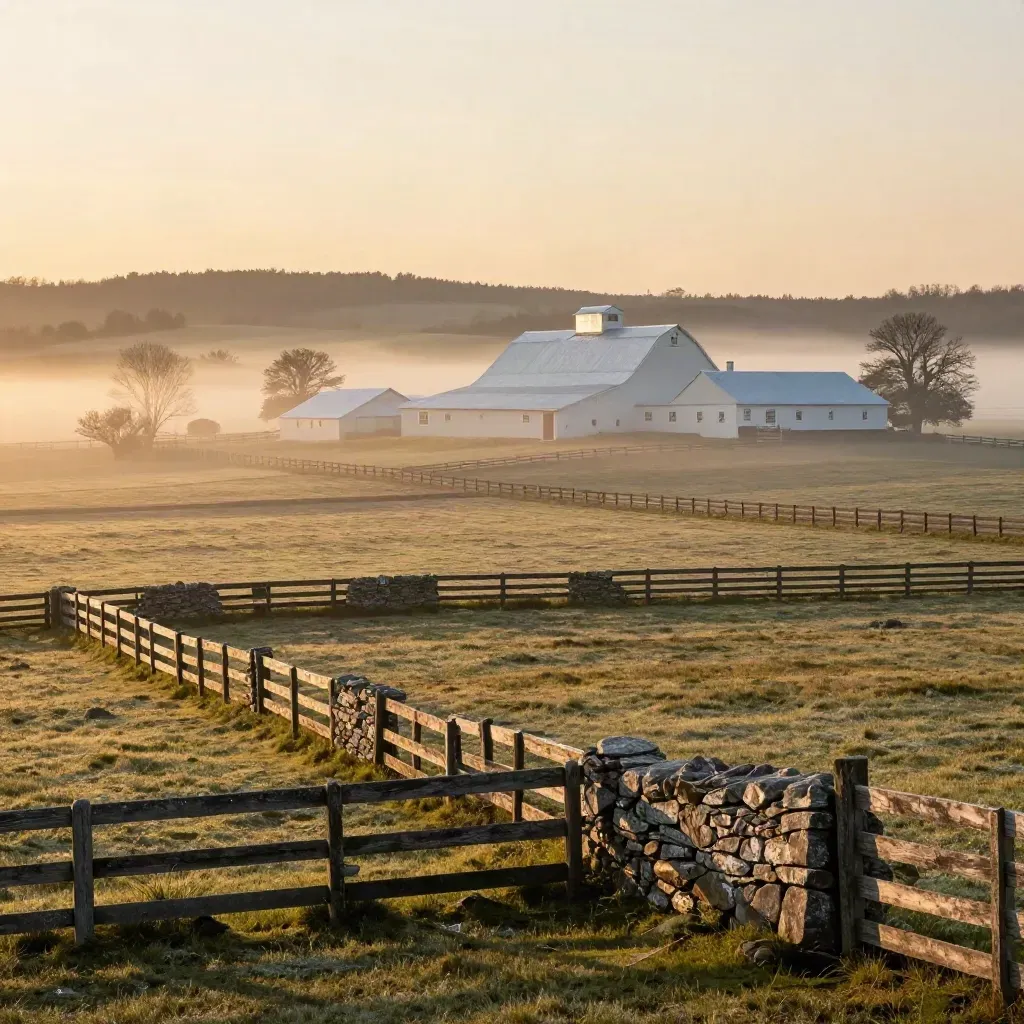 Sunrise Bluegrass pasture with limestone fences, white barn roofs, and misty rolling hills.