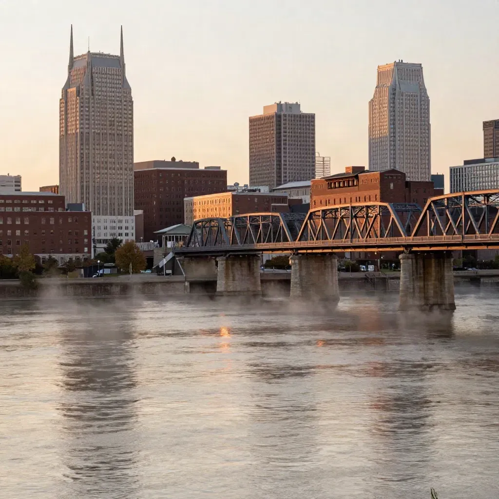 River skyline with bridge trusses and warehouse roofs above a misty river at sunset