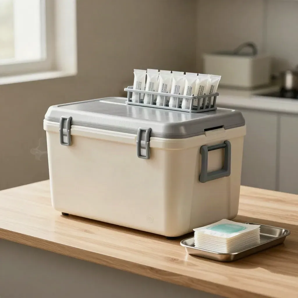 Specimen cooler, tube rack, pads and steel tray on pale oak with cool vapor.