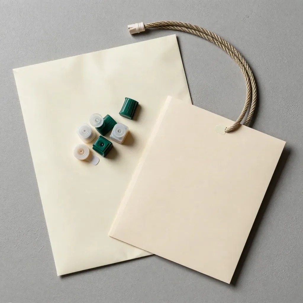 Overhead still life of a return mailer, sample caps, folder, and coiled lead rope on pale stone.