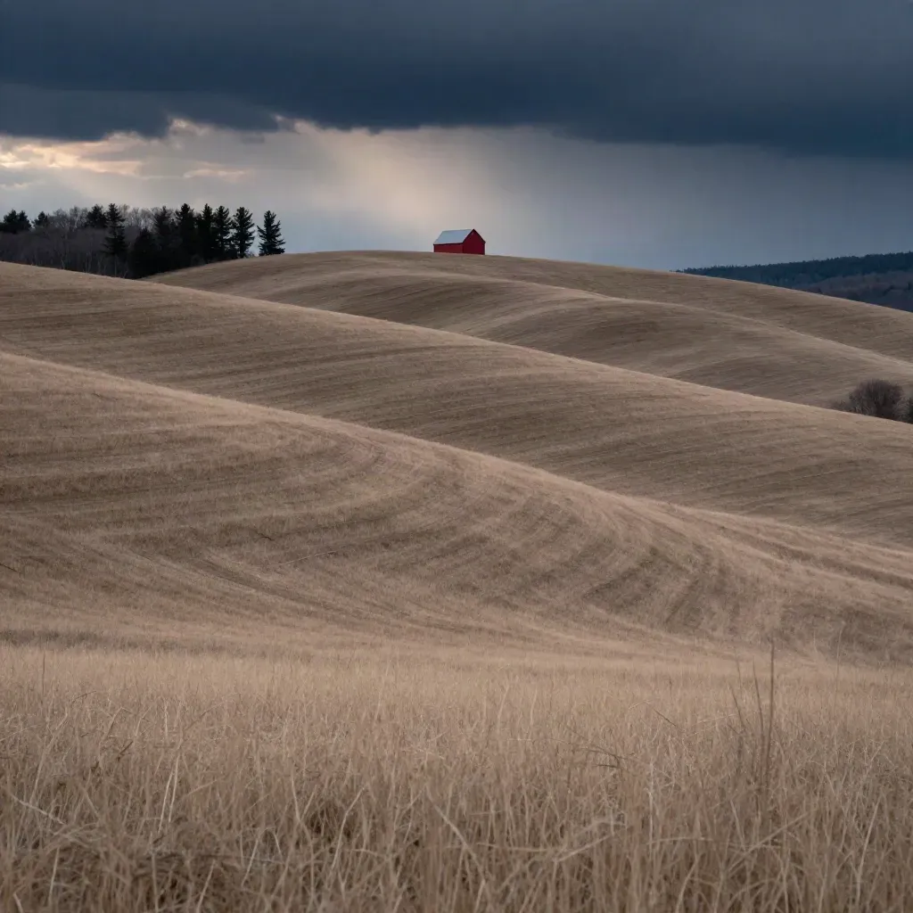 Cedar ridges and a distant red barn under clearing storm clouds at dusk
