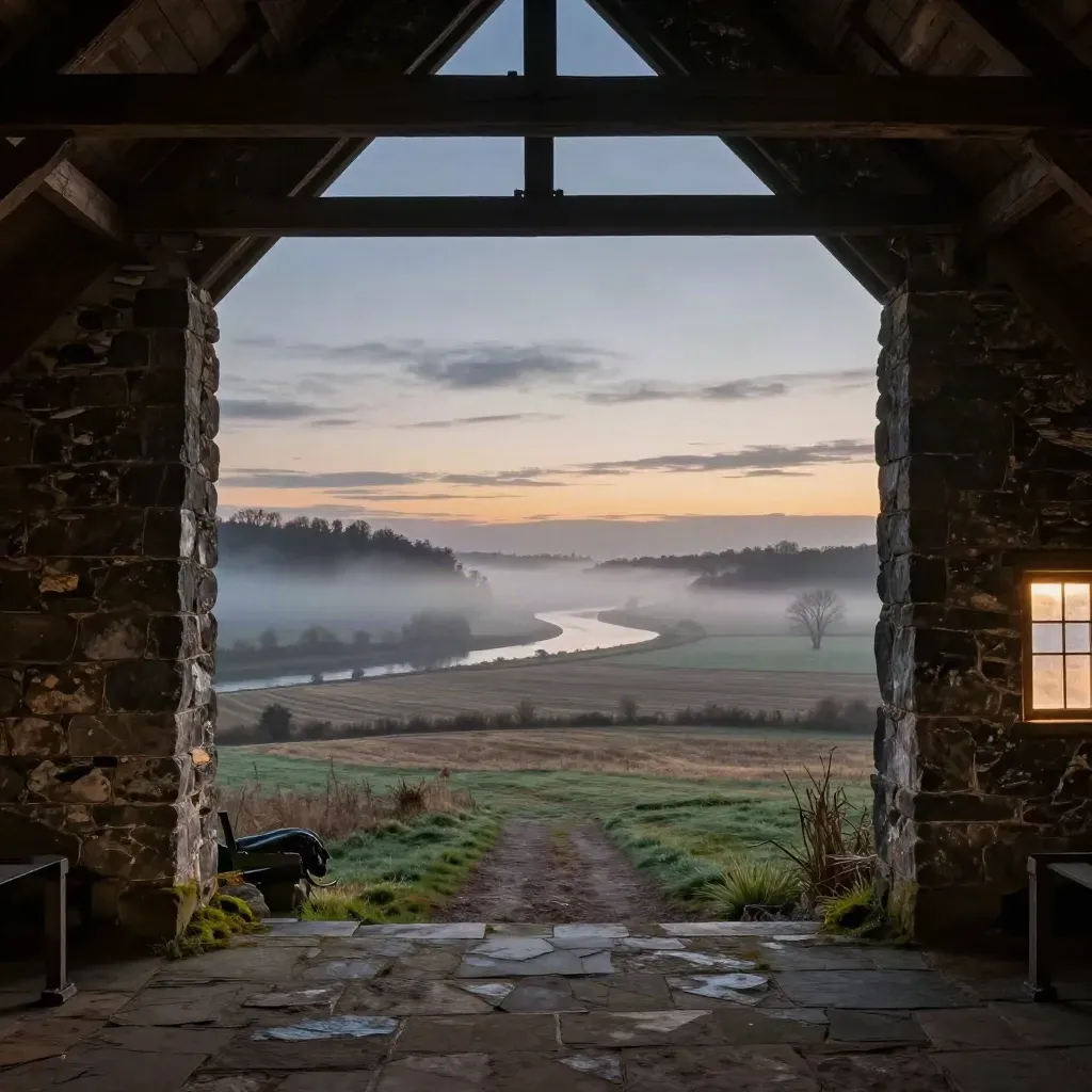 Foggy Southern Ohio valley framed by a limestone barn opening at blue hour.