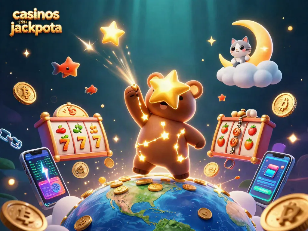 Experience casinos like jackpota with vibrant slot reels and a gleaming jackpot in this dynamic scene.