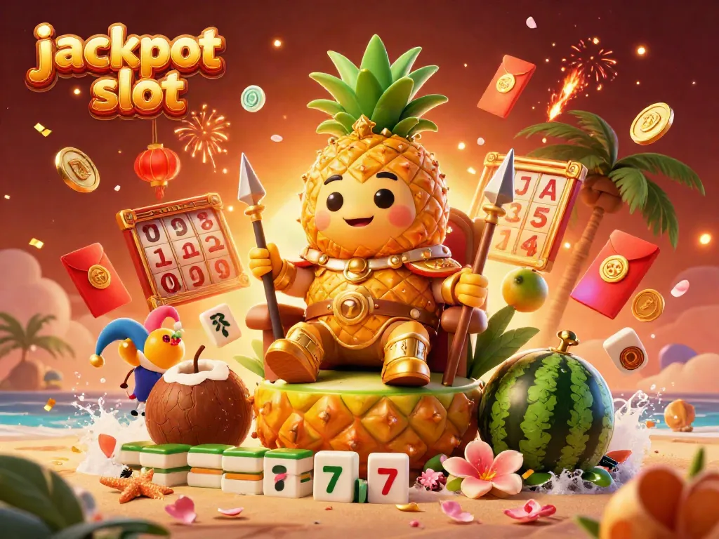 Experience the jackpot slot excitement with vibrant characters and slot game elements in a tropical casino setting.