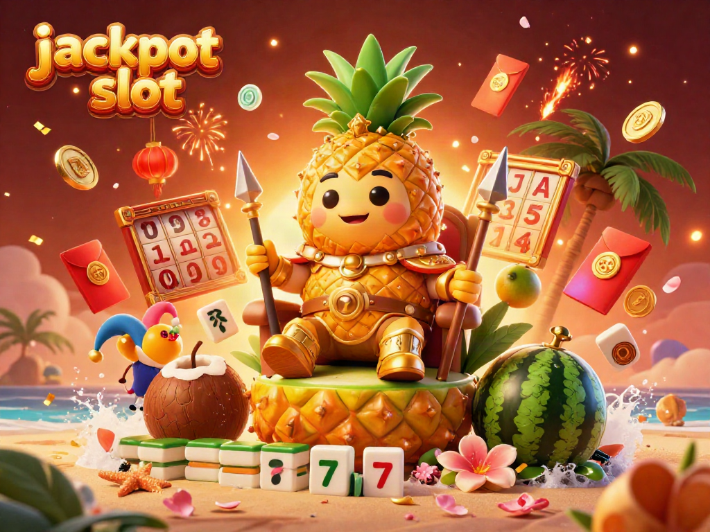 Experience the jackpot slot excitement with vibrant characters and slot game elements in a tropical casino setting.