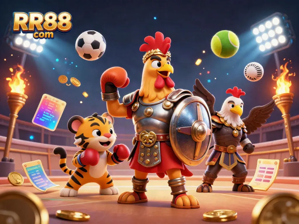 Engage with thrilling betting action at RR88 com, featuring a dynamic 3D illustration of a gladiator rooster and sports elements.