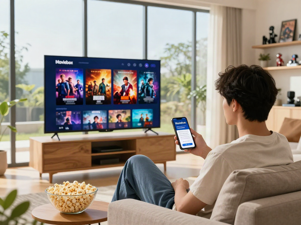 Moviebox app download interface displayed on smartphone while enjoying a movie night.