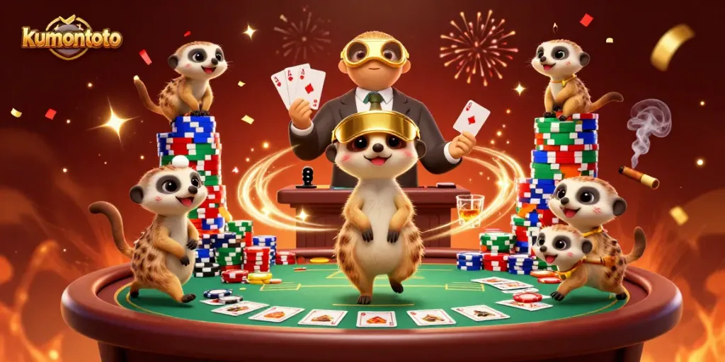 Kumontoto meerkats celebrate big wins in a vibrant casino scene with poker action and colorful chips.