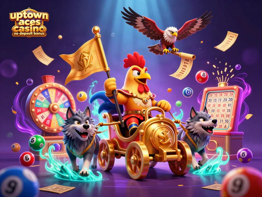 Experience the excitement of the Uptown Aces Casino no deposit bonus with vibrant gaming elements in a 3D illustration.