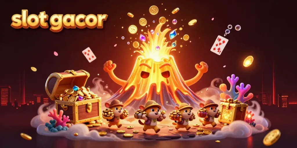 Experience slot gacor excitement with a golden volcano erupting treasure amidst dynamic casino elements.