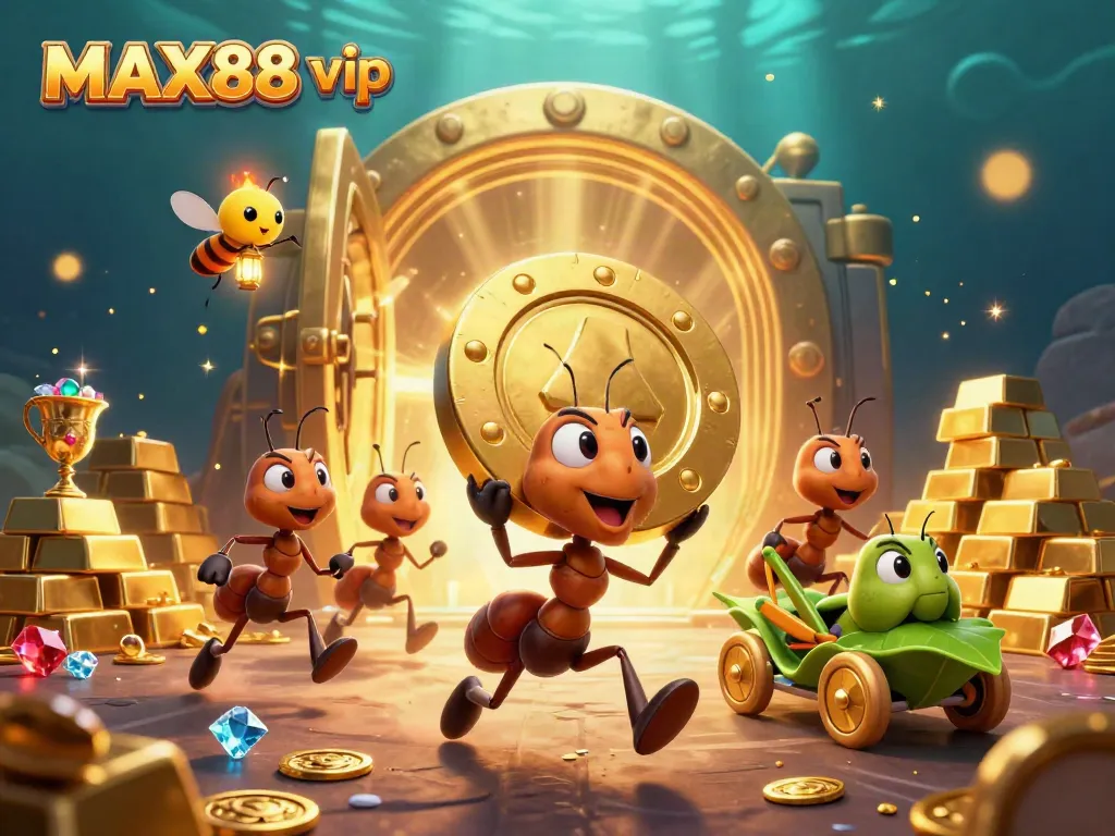 Experience an epic MAX88 vip adventure with ants heisting a golden poker chip amidst rich casino treasures.