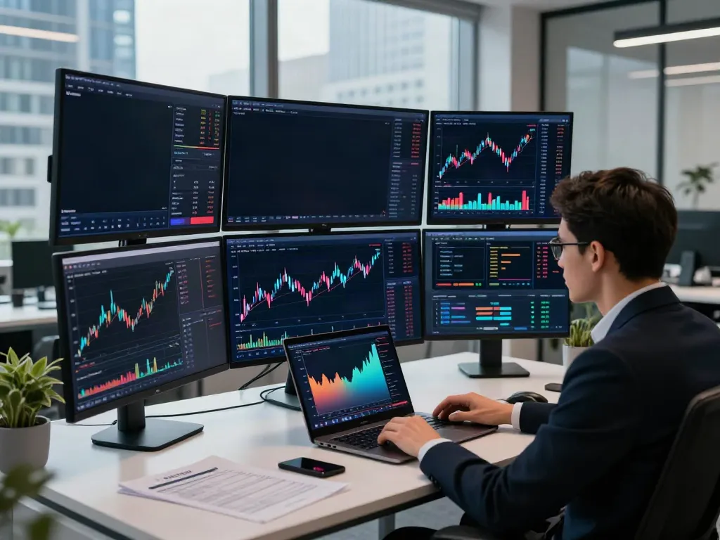 Real-time crypto price API in action on multiple monitors showing Bitcoin and Ethereum market data in a professional trading office.