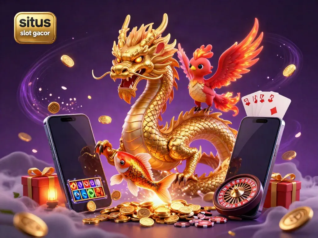 Situs slot gacor menampilkan naga emas dan phoenix merah di tengah koin.