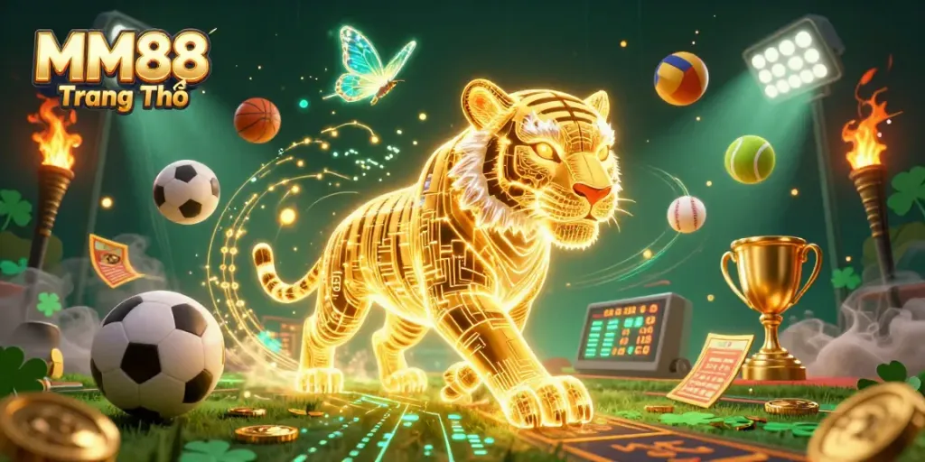 Experience immersive gaming excitement with MM88 Trang Chủ's vibrant casino landscape filled with sports elements and dynamic energy.