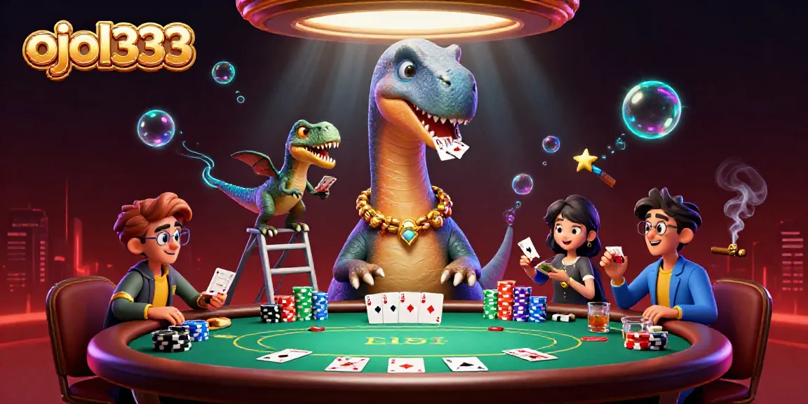 Engage in an exciting ojol333-themed poker scene featuring a playful dinosaur and clever raptor dealer.
