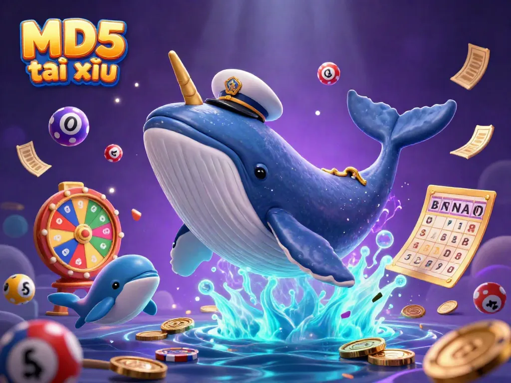 Engage with MD5 tài xỉu in this dynamic 3D scene featuring a whale and playful dolphins among floating lottery elements.