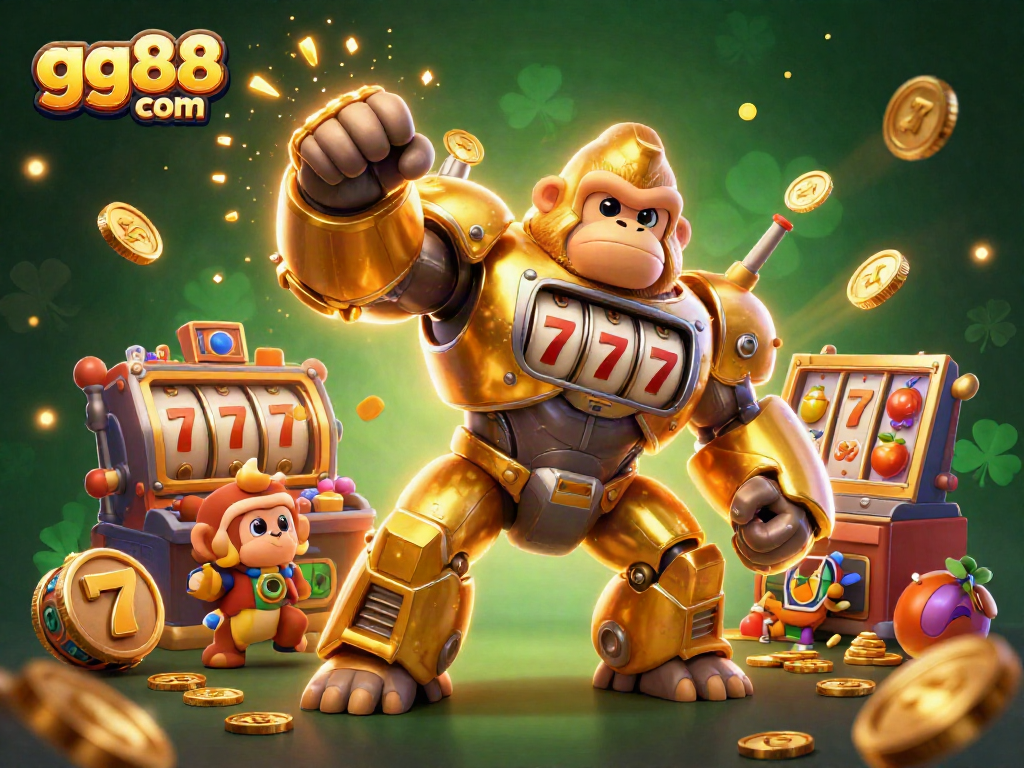 Engage in thrilling gameplay at gg88 com with an animated gorilla mech and jackpot excitement.