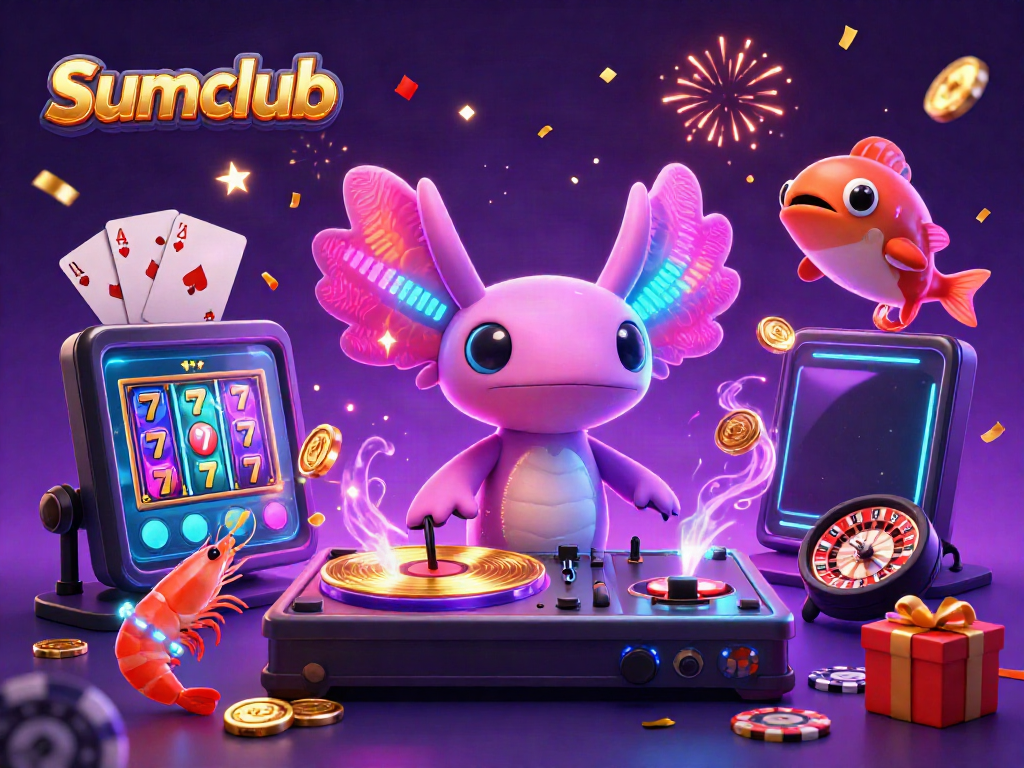 Experience the excitement of Sumclub with vibrant 3D casino imagery showcasing engaging games and festive elements.