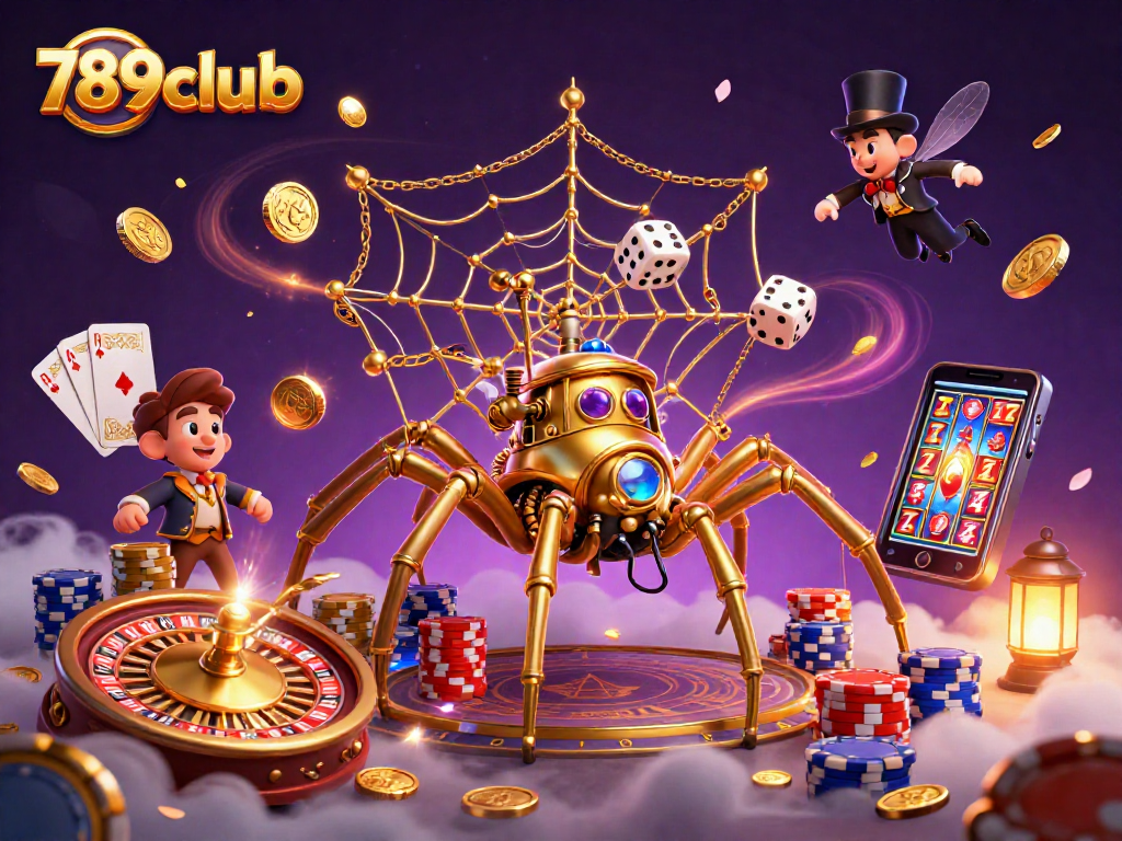 Play thrilling games with 789club as a golden spider ensnares lucky dice amidst a vibrant casino scene.