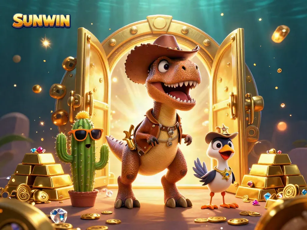 Experience the thrill of SUNWIN with characters in an exciting casino-themed adventure illustrated in 3D.