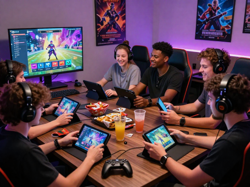 Engaged players exploring a variety of porn games on multiple devices in a lively gaming setup.
