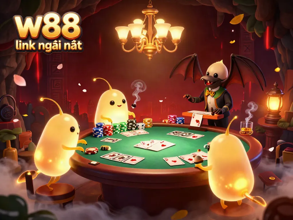 Engaging scene showcasing w88 link mới nhất with glowworms illuminating a cave casino and a bat dealer, highlighting poker elements.