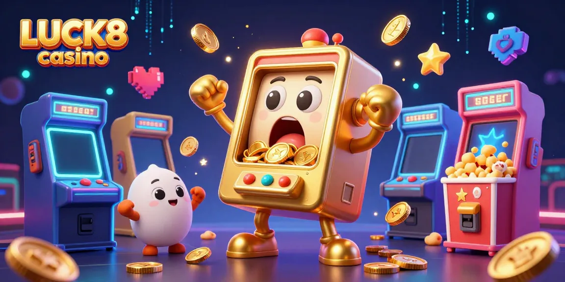 Experience the thrill of LUCK8 casino with a dynamic scene of winning slot machines pouring coins.