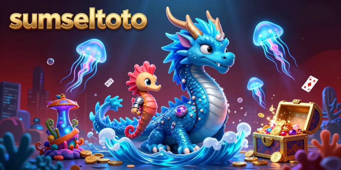 Join the vibrant underwater casino journey with sumseltoto, featuring a majestic dragon, glowing jellyfish, and treasure.