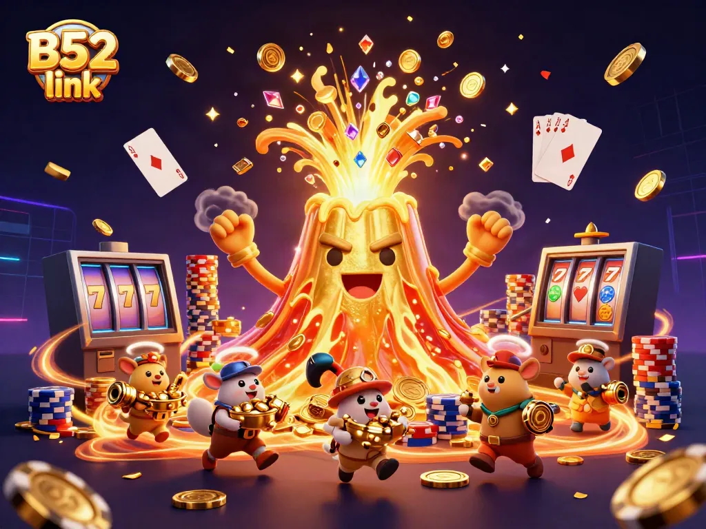 Celebrate the thrill at B52 link with a vibrant 3D casino illustration featuring a golden volcano and treasure.