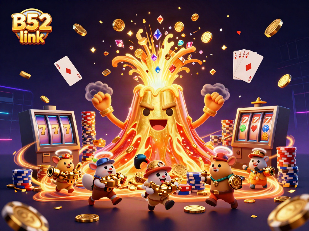 Celebrate the thrill at B52 link with a vibrant 3D casino illustration featuring a golden volcano and treasure.