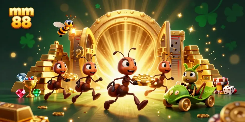 Team of ants carrying a giant poker chip amidst sparkling gold treasures, showcasing mm 88.