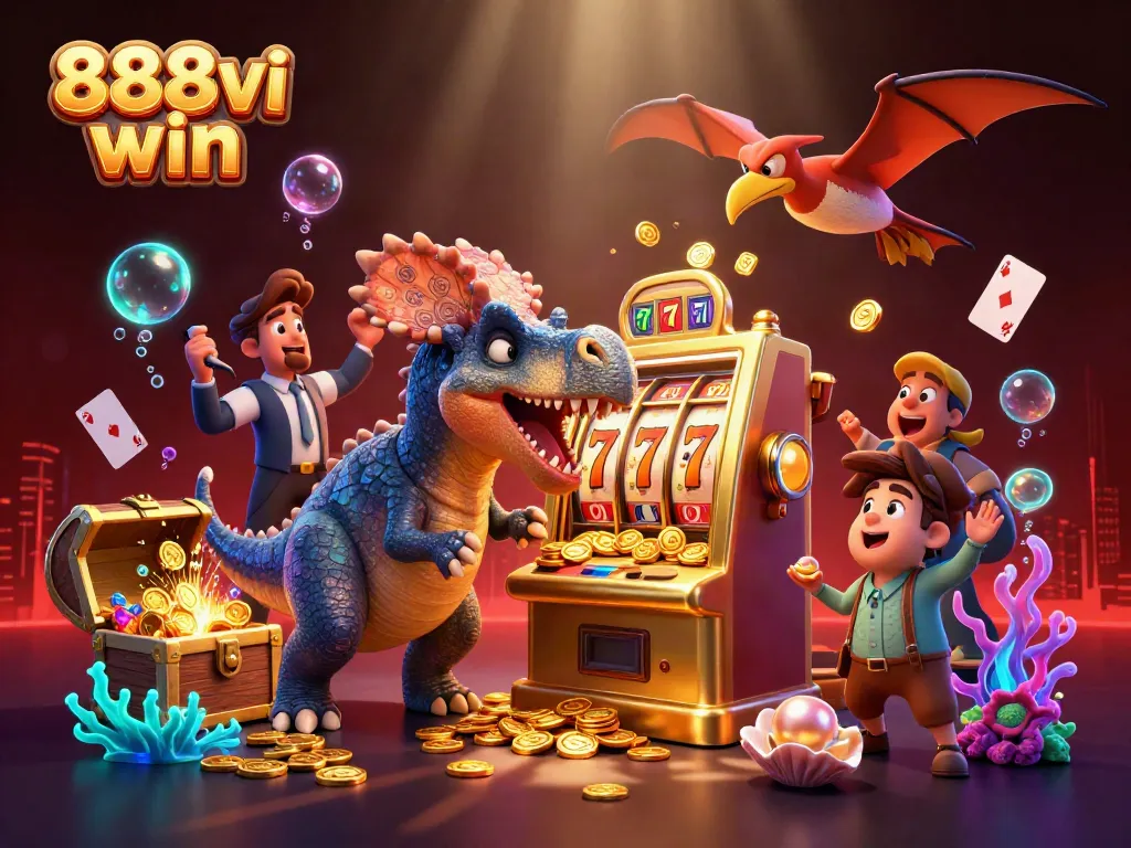 Experience the thrill of 888vi win as a dinosaur activates a jackpot in this vibrant casino scene.